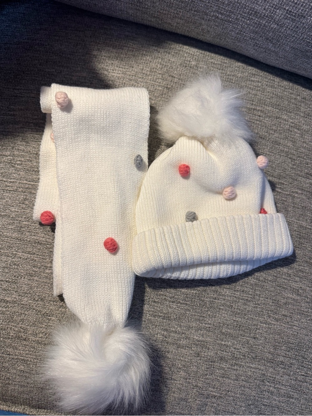 Kids Ivory Pom Pom Beanie & Scarf Set with Pink and Gray Dots